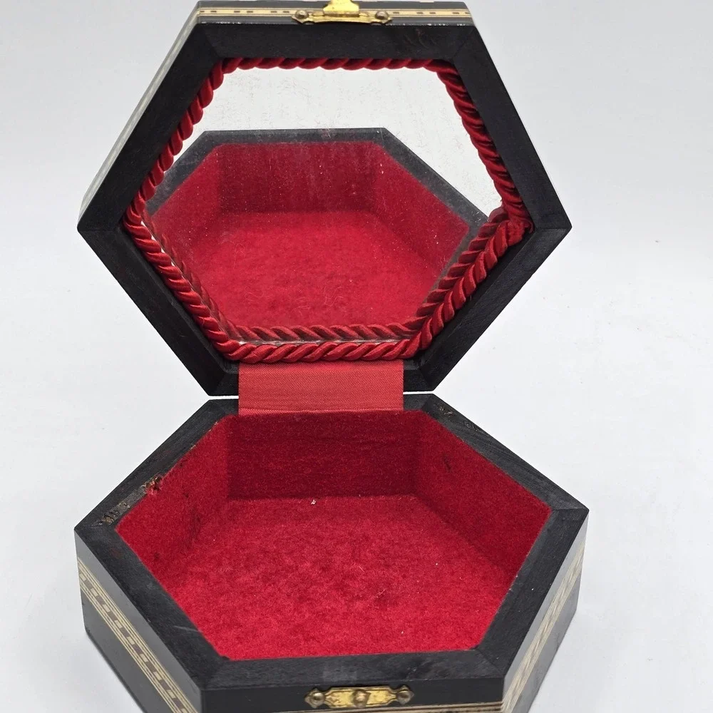 Vintage Moroccan Inlay‎ Wood Jewelry Box Geometric Marquetry Hexagon